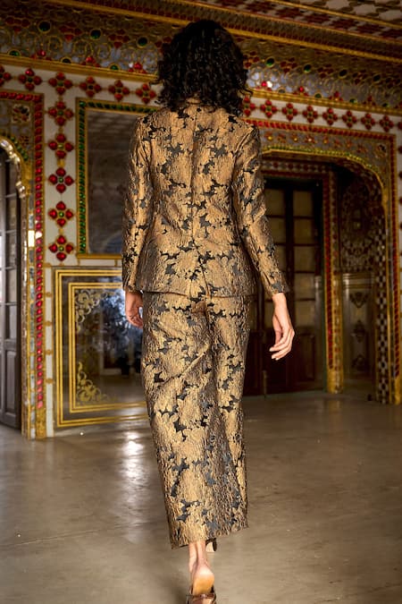 Dash And Dot Metallic Flower Woven Blazer & Flared Pant Set 