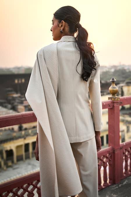 Shop_Dash And Dot_Ivory Polyester, Rayon, Spandex Pinstripe Draped Blazer _at_Aza_Fashions