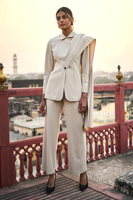 Dash And Dot_Ivory Polyester, Rayon, Spandex Pinstripe Draped Blazer And Pant Set _Online_at_Aza_Fashions