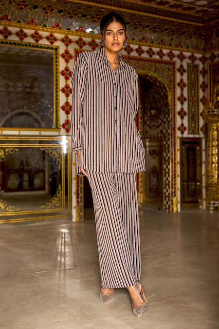 Dash And Dot Multi Color Nylon, Polyester, Spandex Shimmer Stripe Knitted Shirt And Flared Pant Online at Aza Fashions Dash And Dot_Multi Color Nylon, Polyester, Spandex Shimmer Stripe Knitted Shirt And Flared Pant _Online_at_Aza_Fashions