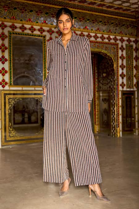 Buy Dash And Dot Multi Color Nylon, Polyester, Spandex Shimmer Stripe Knitted Shirt And Flared Pant Online at Aza Fashions Buy_Dash And Dot_Multi Color Nylon, Polyester, Spandex Shimmer Stripe Knitted Shirt And Flared Pant _Online_at_Aza_Fashions