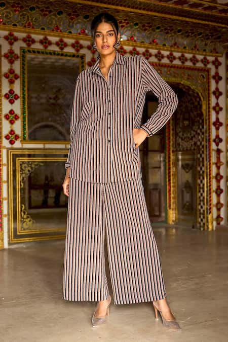Shop Dash And Dot Multi Color Nylon, Polyester, Spandex Shimmer Stripe Knitted Shirt And Flared Pant Online at Aza Fashions Shop_Dash And Dot_Multi Color Nylon, Polyester, Spandex Shimmer Stripe Knitted Shirt And Flared Pant _Online_at_Aza_Fashions