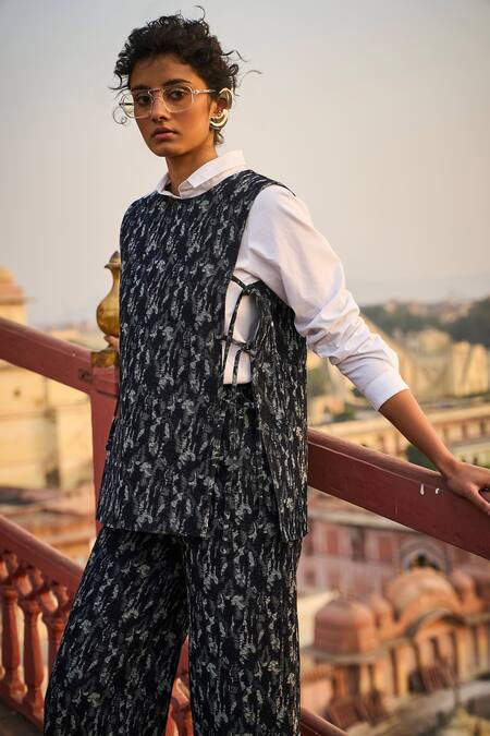 Dash And Dot Black Cotton, Polyester Round Neck Abstract Woven Overlay And Pant Set Online at Aza Fashions Dash And Dot_Black Cotton, Polyester Round Neck Abstract Woven Overlay And Pant Set _Online_at_Aza_Fashions