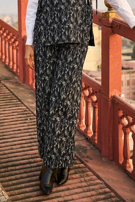 Buy Dash And Dot Black Cotton, Polyester Round Neck Abstract Woven Overlay And Pant Set Online at Aza Fashions Buy_Dash And Dot_Black Cotton, Polyester Round Neck Abstract Woven Overlay And Pant Set _Online_at_Aza_Fashions