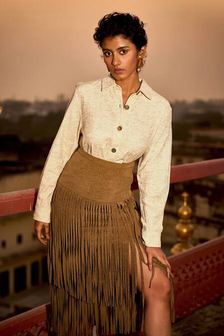 Buy_Dash And Dot_Brown Cotton, Polyester Fringe Tiered Midi Skirt _Online_at_Aza_Fashions