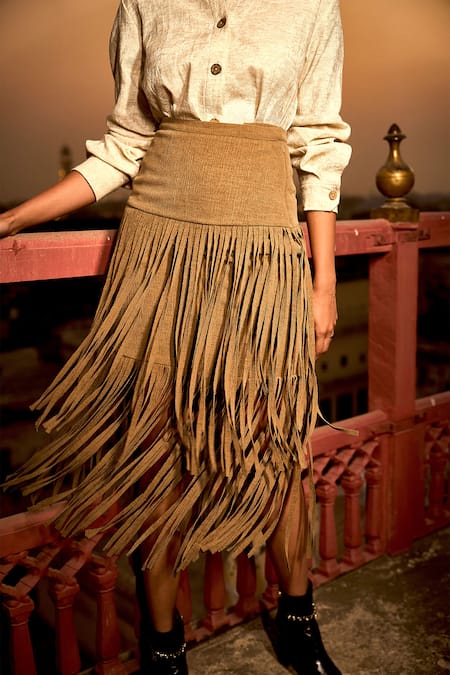 Shop_Dash And Dot_Brown Cotton, Polyester Fringe Tiered Midi Skirt _Online_at_Aza_Fashions