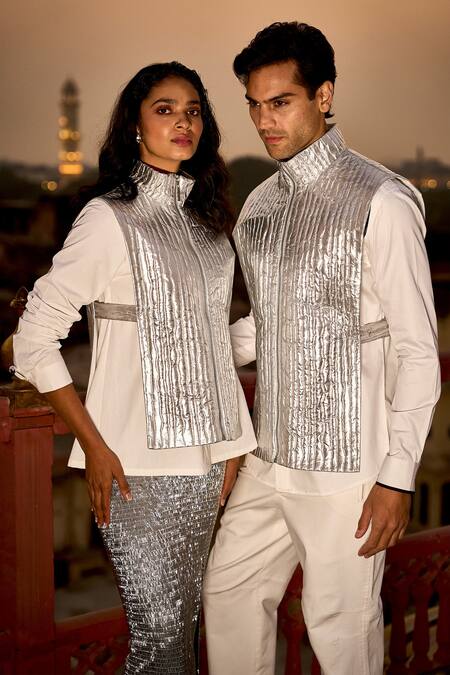 Buy_Dash And Dot_Silver Polyester Embroidery Quilted Side Slit Midi Skirt _Online_at_Aza_Fashions