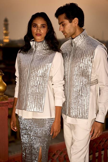 Shop_Dash And Dot_Silver Polyester Embroidery Quilted Side Slit Midi Skirt _Online_at_Aza_Fashions