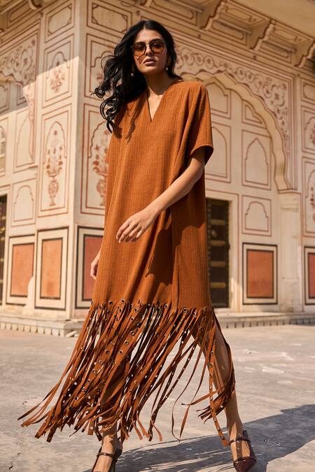 Dash And Dot_Brown Cotton, Linen Embroidery V-neck Eyelets Embellished Fringed Midi Dress _Online_at_Aza_Fashions
