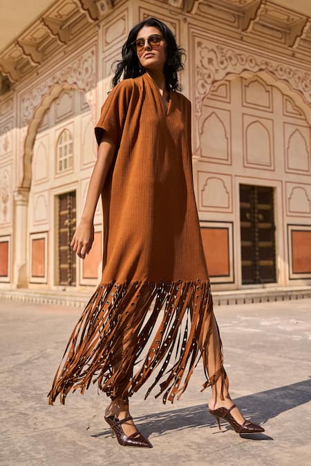 Buy_Dash And Dot_Brown Cotton, Linen Embroidery V-neck Eyelets Embellished Fringed Midi Dress _Online_at_Aza_Fashions