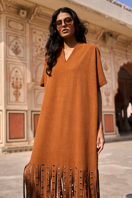 Shop_Dash And Dot_Brown Cotton, Linen Embroidery V-neck Eyelets Embellished Fringed Midi Dress _Online_at_Aza_Fashions