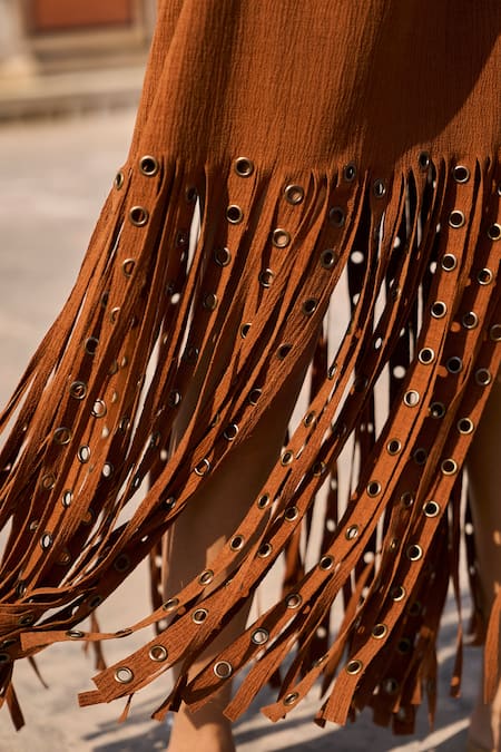 Dash And Dot_Brown Cotton, Linen Embroidery V-neck Eyelets Embellished Fringed Midi Dress _at_Aza_Fashions