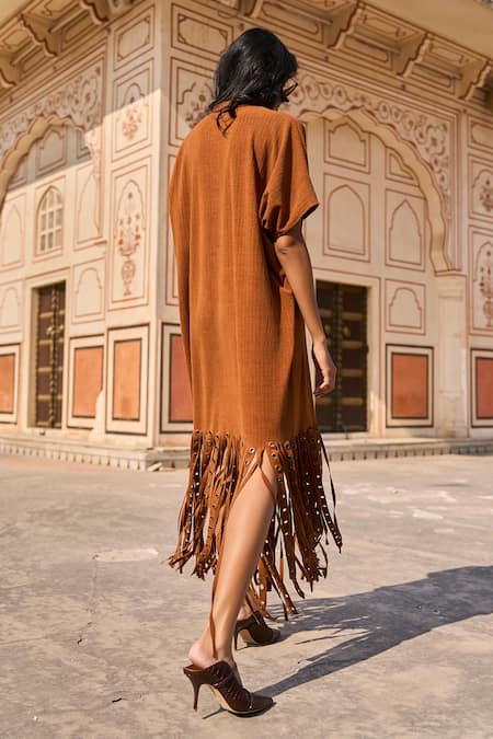 Shop_Dash And Dot_Brown Cotton, Linen Embroidery V-neck Eyelets Embellished Fringed Midi Dress _at_Aza_Fashions