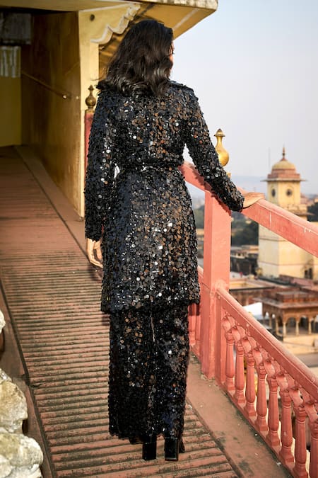 Dash And Dot_Black Polyester, Spandex Sequins, Patchwork Open Neck Embellished Trench Jacket _at_Aza_Fashions