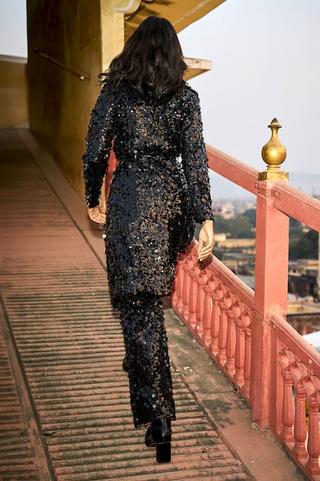 Shop_Dash And Dot_Black Polyester, Spandex Sequins, Patchwork Open Neck Embellished Trench Jacket _at_Aza_Fashions