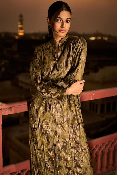 Dash And Dot_Gold Polyester Foil Printing Mandarin Collar Abstract Textured Maxi Dress _Online_at_Aza_Fashions