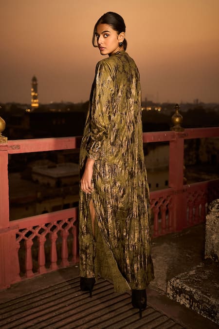 Shop_Dash And Dot_Gold Polyester Foil Printing Mandarin Collar Abstract Textured Maxi Dress _at_Aza_Fashions