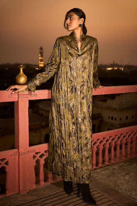 Shop_Dash And Dot_Gold Polyester Foil Printing Mandarin Collar Abstract Textured Maxi Dress _Online_at_Aza_Fashions