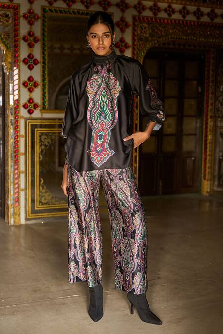 Buy_Dash And Dot_Black Polyester High Neck Paisley Print Top And Wide-legged Pant Set _Online_at_Aza_Fashions