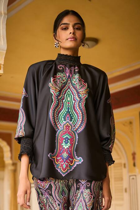 Shop_Dash And Dot_Black Polyester High Neck Paisley Print Top And Wide-legged Pant Set _Online_at_Aza_Fashions