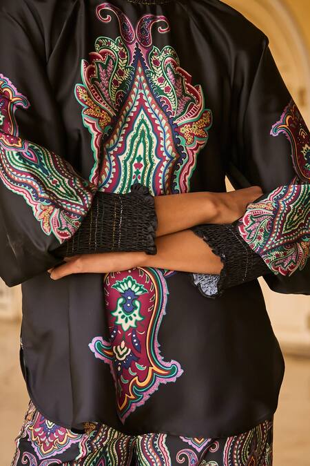 Dash And Dot_Black Polyester High Neck Paisley Print Top And Wide-legged Pant Set _at_Aza_Fashions