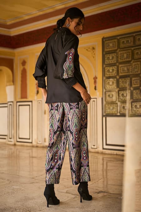 Shop_Dash And Dot_Black Polyester High Neck Paisley Print Top And Wide-legged Pant Set _at_Aza_Fashions
