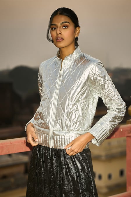 Shop Dash And Dot Silver Polyester Embroidery Mandarin Collar Quilted Puffer Jacket Online at Aza Fashions Shop_Dash And Dot_Silver Polyester Embroidery Mandarin Collar Quilted Puffer Jacket _Online_at_Aza_Fashions