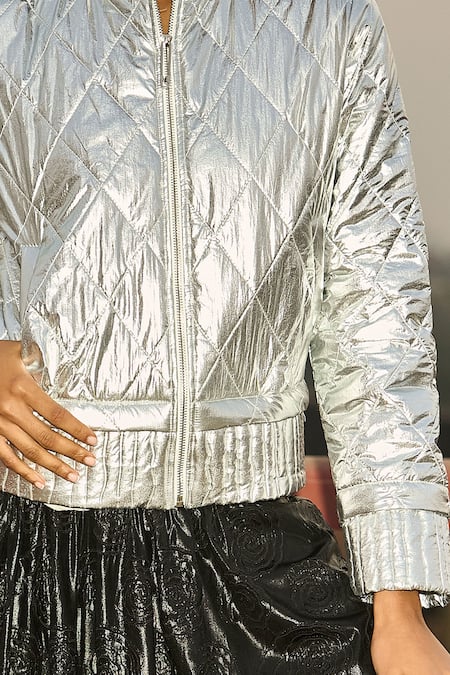 Buy Dash And Dot Silver Polyester Embroidery Mandarin Collar Quilted Puffer Jacket Buy_Dash And Dot_Silver Polyester Embroidery Mandarin Collar Quilted Puffer Jacket