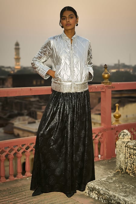 Buy_Dash And Dot_Black Polyester Embroidery Cutwork Rose Long Skirt _Online_at_Aza_Fashions