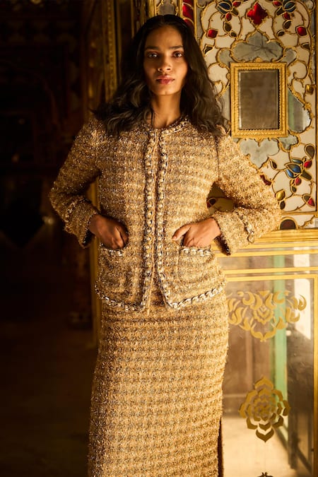 Dash And Dot Gold Polyester Pearls, Chains Round Neck Textured Boucle Jacket And Maxi Skirt Set Online at Aza Fashions Dash And Dot_Gold Polyester Pearls, Chains Round Neck Textured Boucle Jacket And Maxi Skirt Set _Online_at_Aza_Fashions