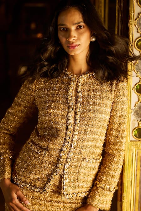 Buy Dash And Dot Gold Polyester Pearls, Chains Round Neck Textured Boucle Jacket And Maxi Skirt Set Online at Aza Fashions Buy_Dash And Dot_Gold Polyester Pearls, Chains Round Neck Textured Boucle Jacket And Maxi Skirt Set _Online_at_Aza_Fashions