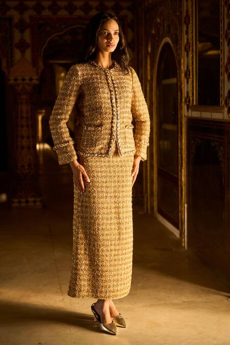 Shop Dash And Dot Gold Polyester Pearls, Chains Round Neck Textured Boucle Jacket And Maxi Skirt Set Online at Aza Fashions Shop_Dash And Dot_Gold Polyester Pearls, Chains Round Neck Textured Boucle Jacket And Maxi Skirt Set _Online_at_Aza_Fashions
