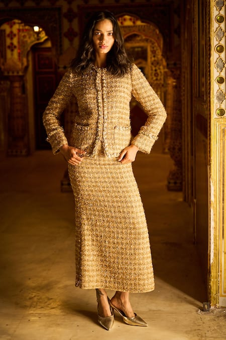Dash And Dot Gold Polyester Pearls, Chains Round Neck Textured Boucle Jacket And Maxi Skirt Set at Aza Fashions Dash And Dot_Gold Polyester Pearls, Chains Round Neck Textured Boucle Jacket And Maxi Skirt Set _at_Aza_Fashions