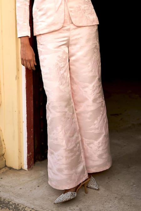 Buy_Dash And Dot_Pink Polyester Embroidery Floral Textured Blazer And Wide Leg Pant _Online_at_Aza_Fashions