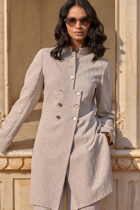 Dash And Dot Beige Polyester Embroidery Bandeau Floral Overlapping Front Jacket And Pant Set Online at Aza Fashions Dash And Dot_Beige Polyester Embroidery Bandeau Floral Overlapping Front Jacket And Pant Set_Online_at_Aza_Fashions