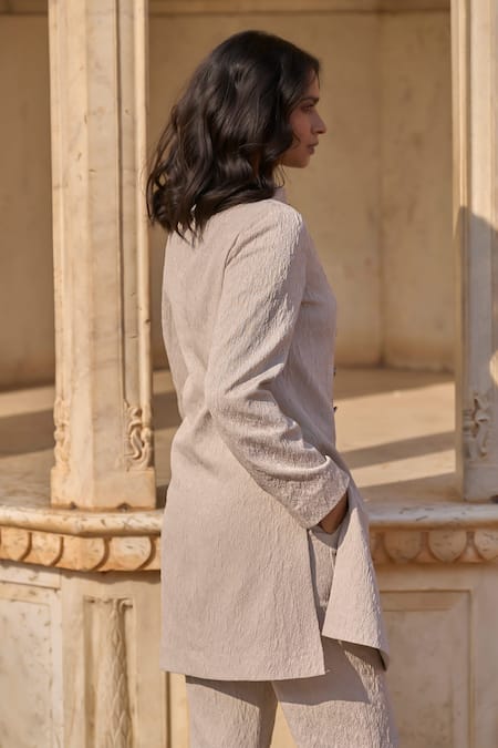 Buy Dash And Dot Beige Polyester Embroidery Bandeau Floral Overlapping Front Jacket And Pant Set Online at Aza Fashions Buy_Dash And Dot_Beige Polyester Embroidery Bandeau Floral Overlapping Front Jacket And Pant Set_Online_at_Aza_Fashions