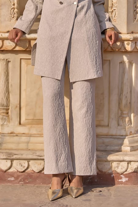 Shop Dash And Dot Beige Polyester Embroidery Bandeau Floral Overlapping Front Jacket And Pant Set Online at Aza Fashions Shop_Dash And Dot_Beige Polyester Embroidery Bandeau Floral Overlapping Front Jacket And Pant Set_Online_at_Aza_Fashions