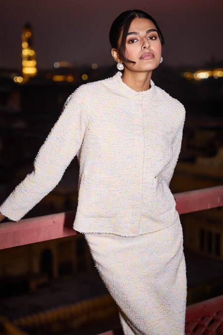 Dash And Dot_Ivory Polyester Fringe Square , Open Detailed Bralette Skirt Set _Online_at_Aza_Fashions