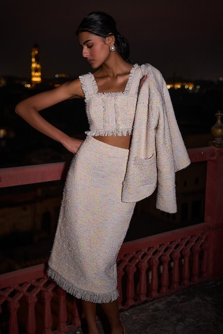 Buy_Dash And Dot_Ivory Polyester Fringe Detail Midi Skirt 