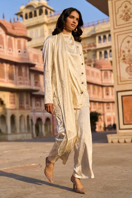 Shop_Dash And Dot_Ivory Polyester Fringe Frill Draped Scarf Shirt _at_Aza_Fashions