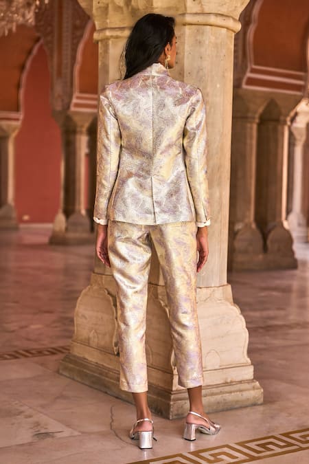 Shop_Dash And Dot_Purple Polyester Lilac Woven Leaf Blazer And Pant Set _at_Aza_Fashions