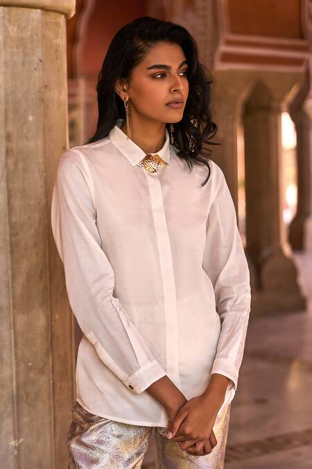 Shop_Dash And Dot_Purple 100% Polyester Collared Lilac Snap Button Cuff Shirt_at_Aza_Fashions