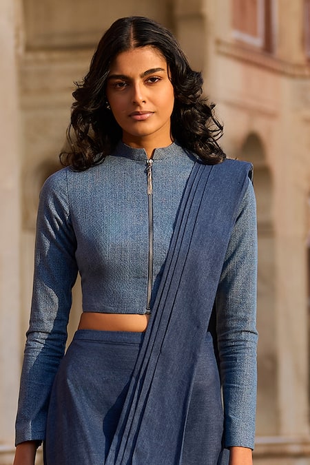 Dash And Dot_Blue Polyester Bandeau Neck Denim Pre-draped Saree With Collar Blouse _Online_at_Aza_Fashions