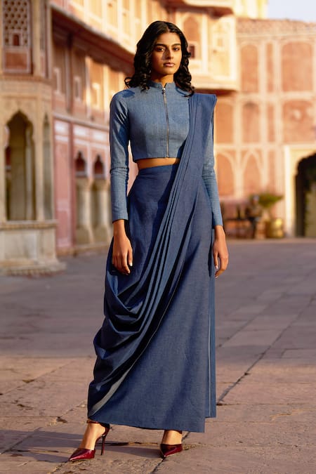Shop_Dash And Dot_Blue Polyester Bandeau Neck Denim Pre-draped Saree With Collar Blouse _Online_at_Aza_Fashions