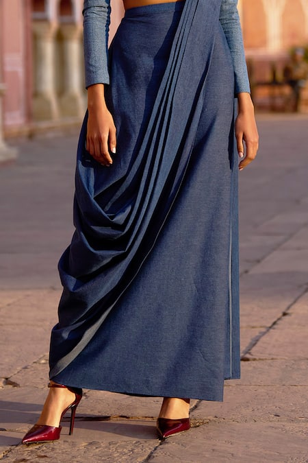 Dash And Dot_Blue Polyester Bandeau Neck Denim Pre-draped Saree With Collar Blouse _at_Aza_Fashions