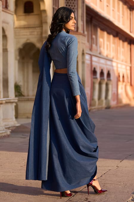 Dash And Dot Denim Pre-Draped Saree With Band Collar Blouse 