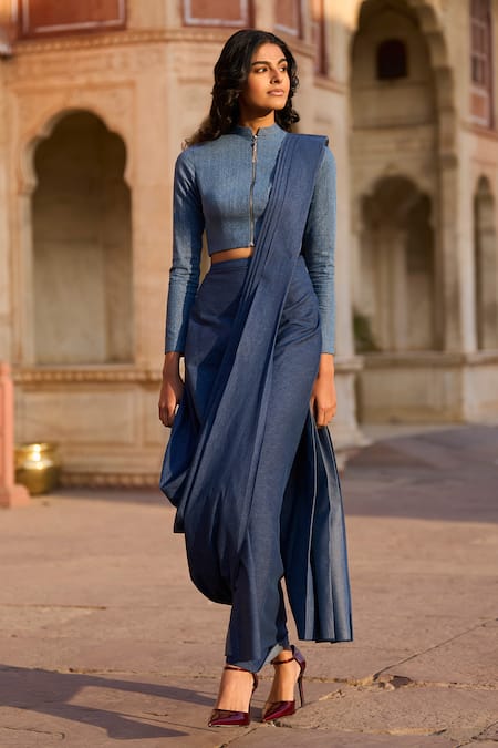 Dash And Dot_Blue Polyester Denim Hand Pleated Pre-draped Saree _Online_at_Aza_Fashions
