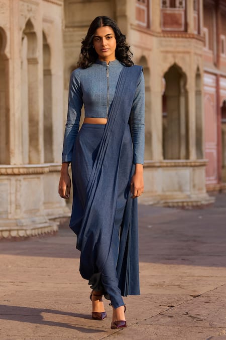 Buy_Dash And Dot_Blue Polyester Denim Hand Pleated Pre-draped Saree _Online_at_Aza_Fashions
