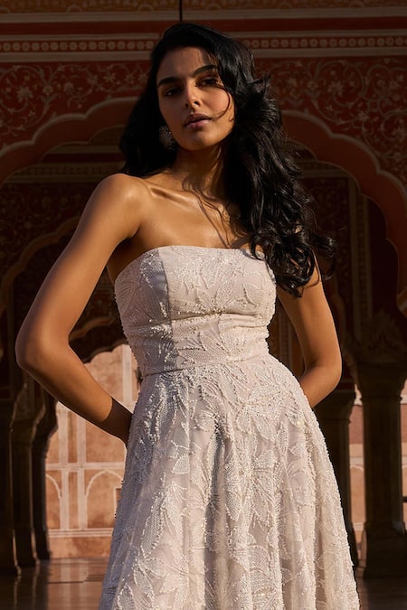 Dash And Dot_White Polyester Pearls, Sequins, Beads, Foil Printing And Embroidered Gown _Online_at_Aza_Fashions