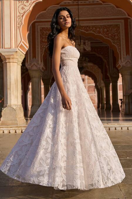 Buy_Dash And Dot_White Polyester Pearls, Sequins, Beads, Foil Printing And Embroidered Gown _Online_at_Aza_Fashions